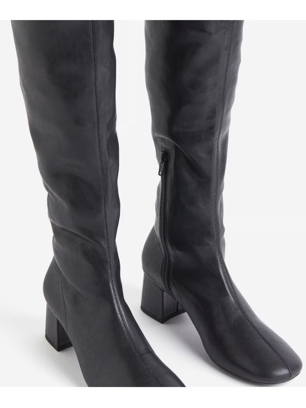 Women's Black Thigh-High Block Heel Boots